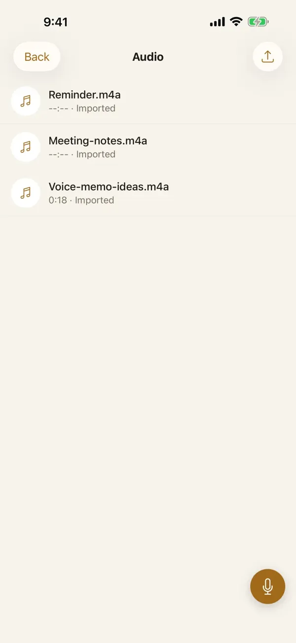The Audio area in Lockboxy, listing three .m4a recordings stored inside the vault.