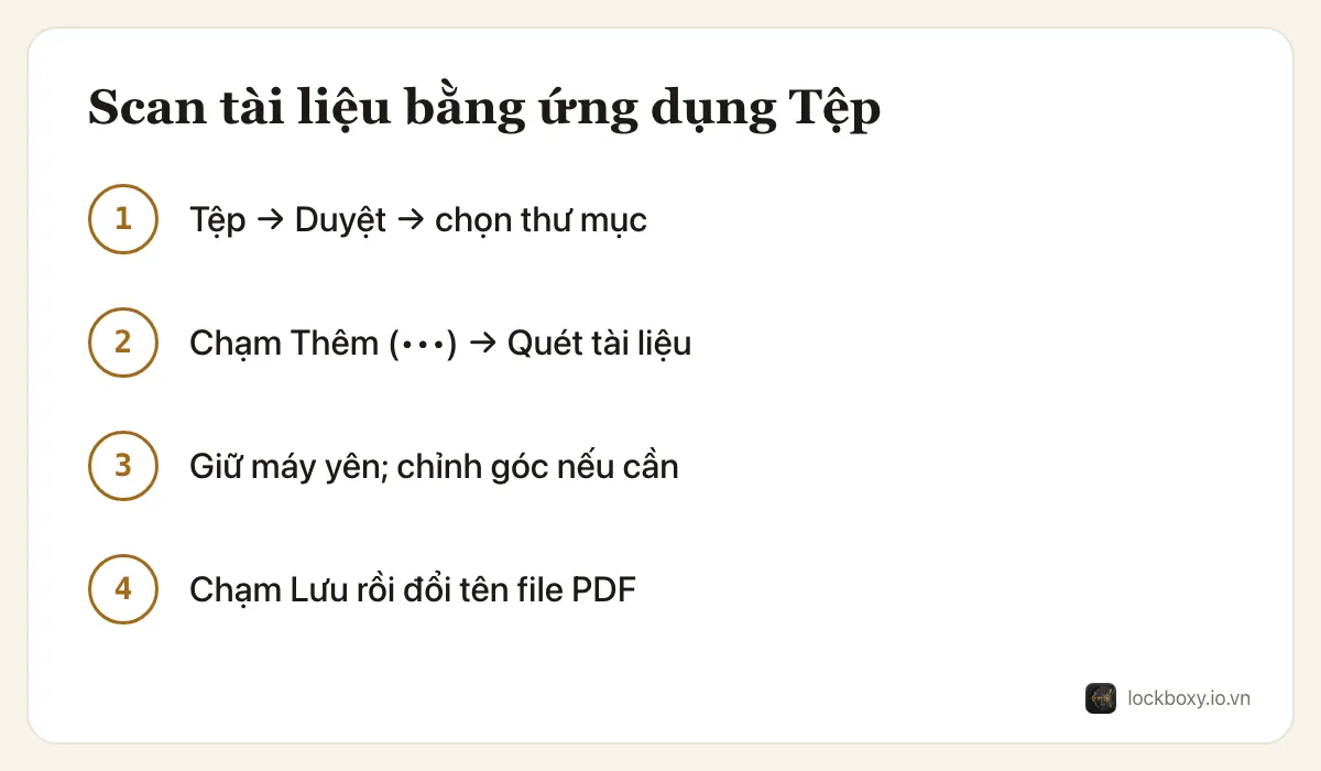 Sơ đồ 4 bước: mở Tệp và chọn thư mục, chạm Thêm rồi Quét tài liệu, giữ máy yên và chỉnh góc, sau đó lưu và đổi tên file PDF.