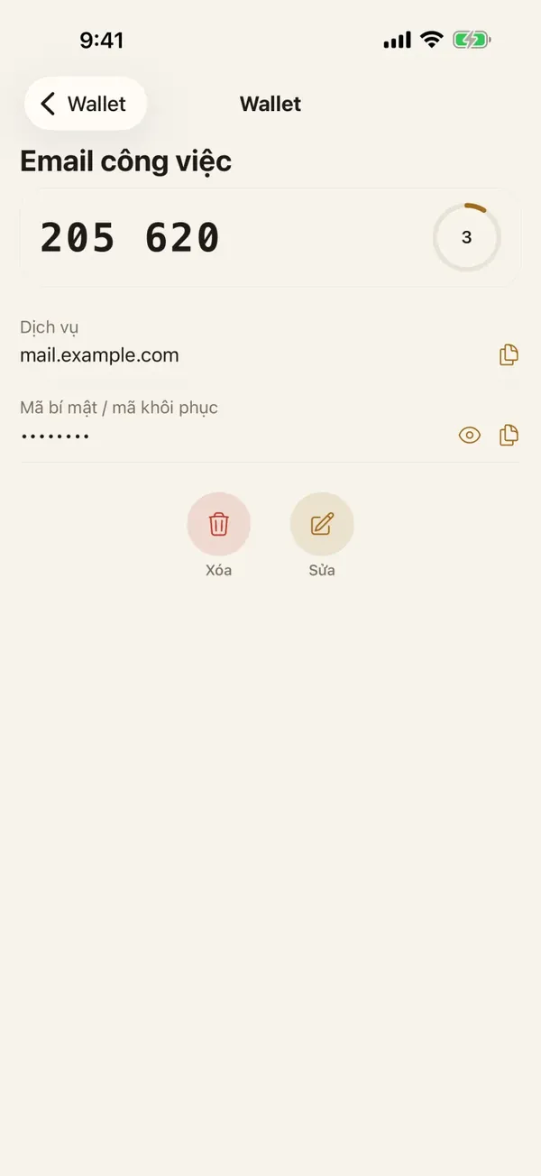 Một mục trong Ví của Lockboxy tên Work email, hiện mã 2FA 6 số đang chạy kèm đồng hồ đếm ngược, địa chỉ dịch vụ và ô khoá bí mật đang được ẩn.