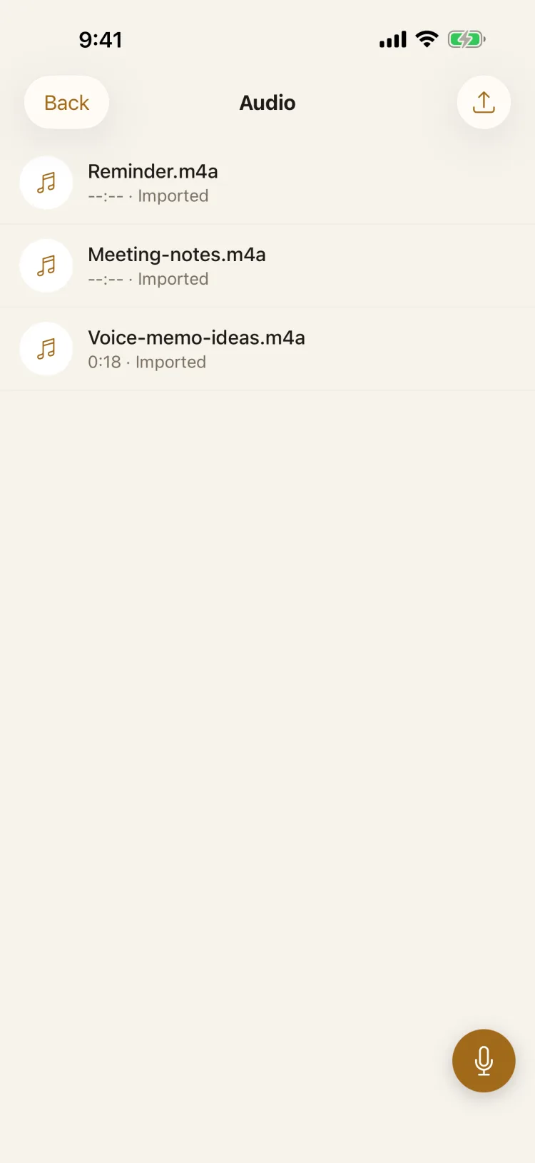 Lockboxy Audio area listing voice memos and imported audio files