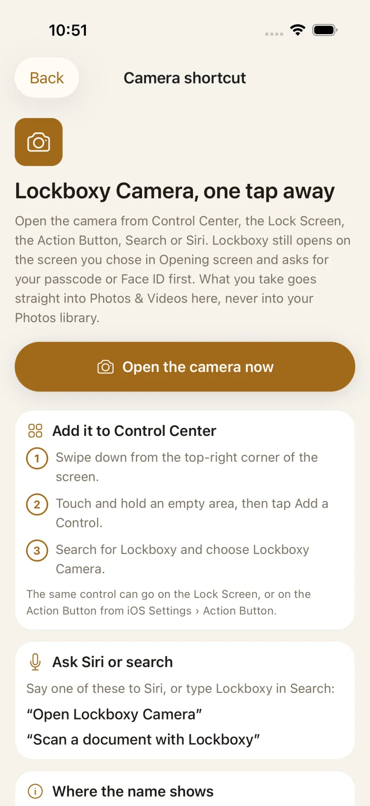 Lockboxy Camera shortcut settings screen explaining how to add the control and the Siri phrases