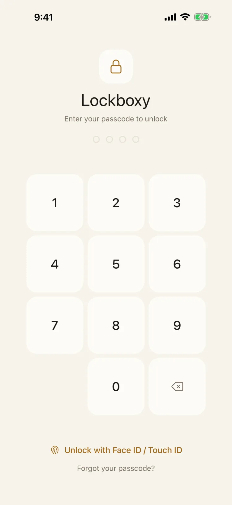 Lockboxy lock screen asking for a passcode