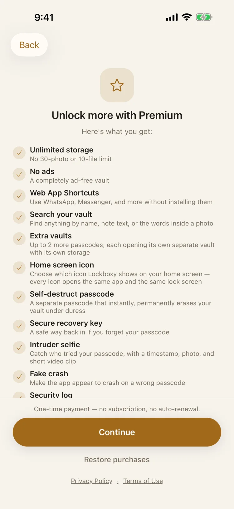 Lockboxy Premium screen listing the features it unlocks