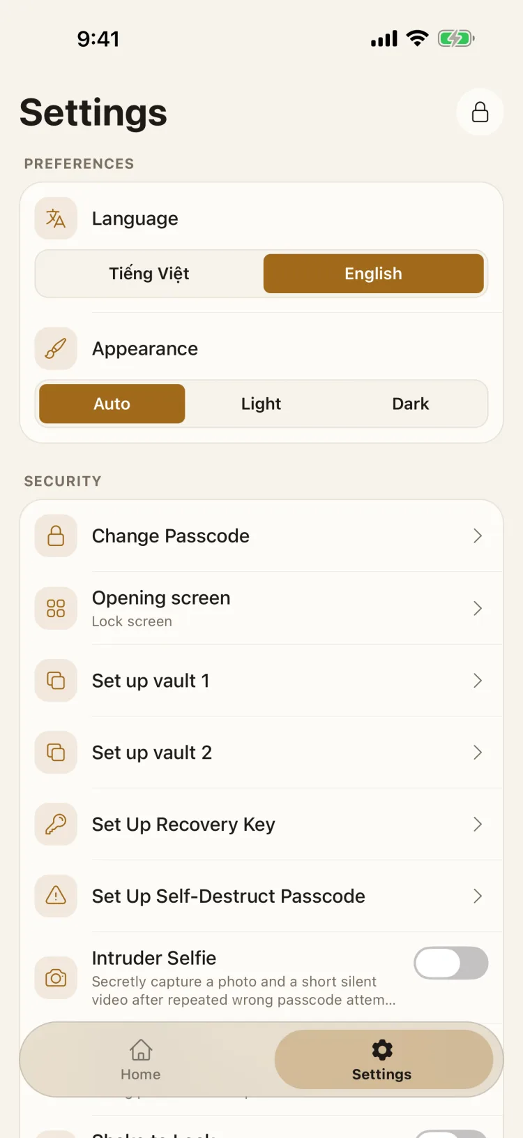 Lockboxy Settings screen with the Security section