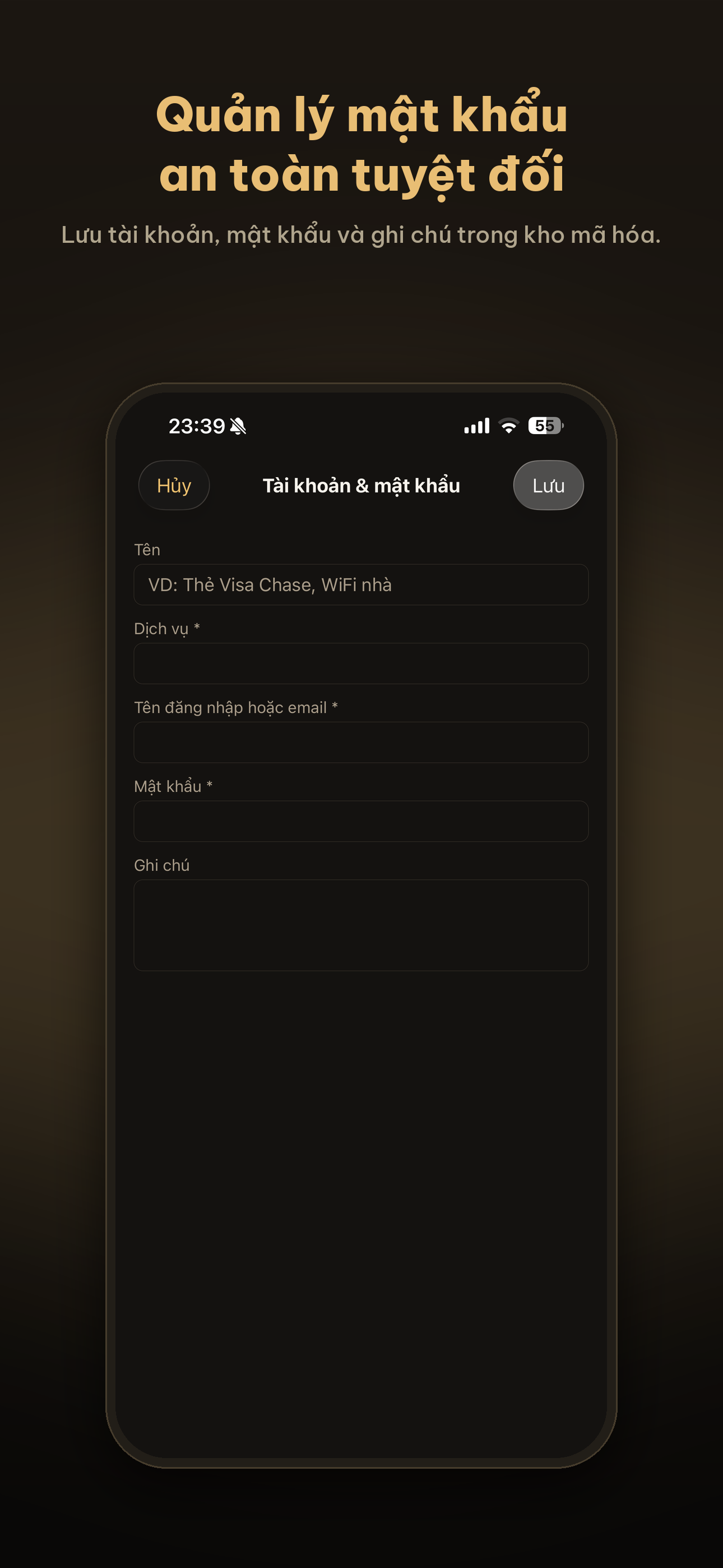 Screen for saving encrypted accounts and passwords in Lockboxy