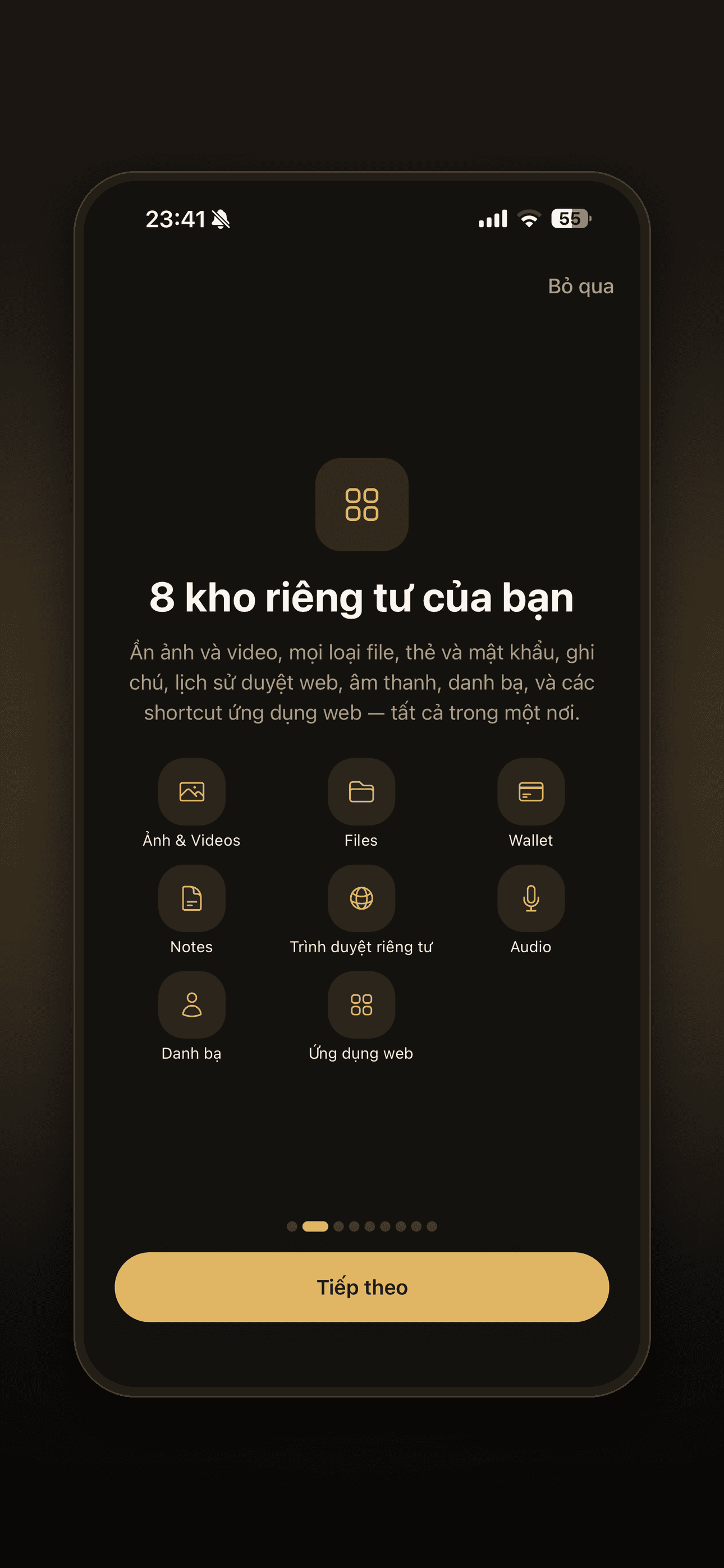 Lockboxy's 8 private areas screen: Photos & Videos, Files, Wallet, Notes, private browser, Audio, contacts, web app shortcuts