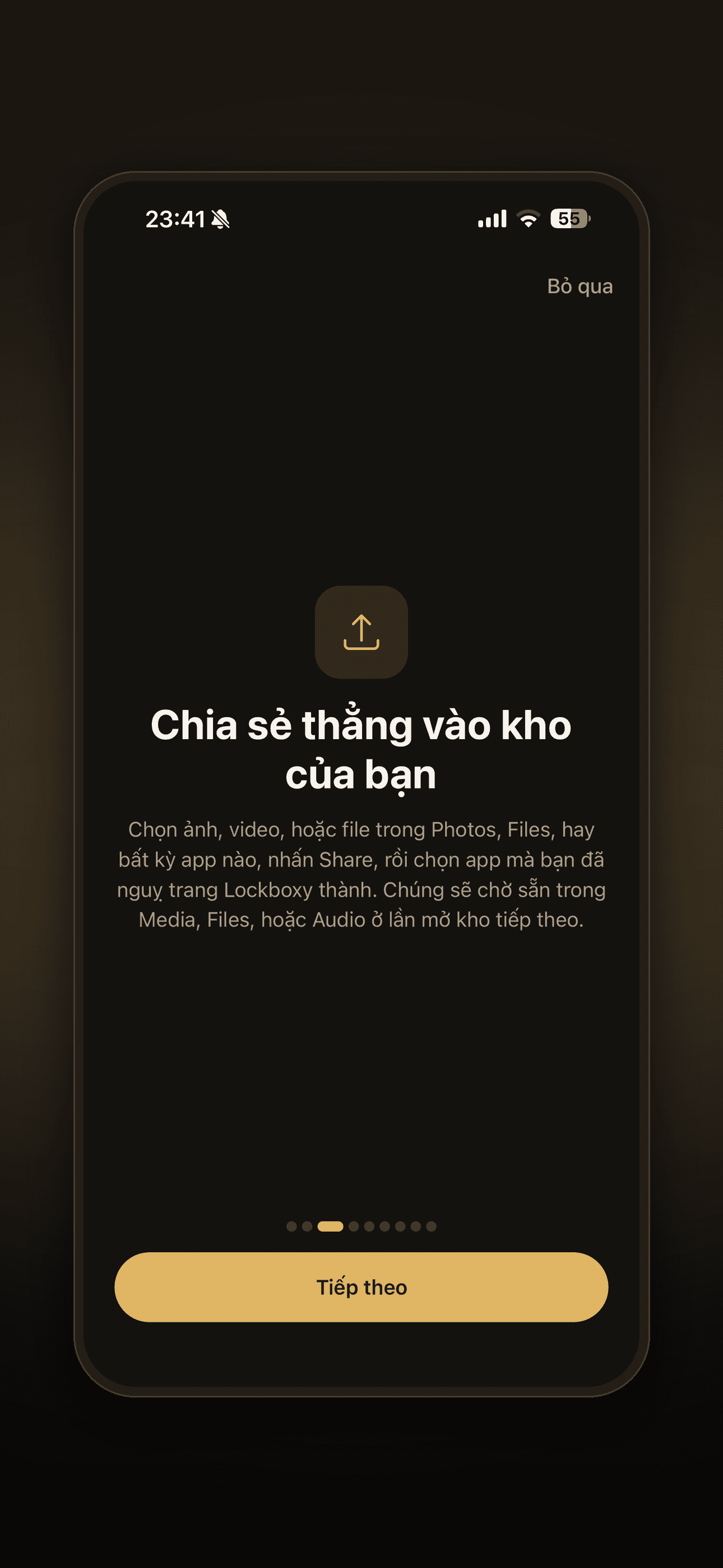 Screen for sharing a file straight into the Lockboxy vault via the Share Sheet
