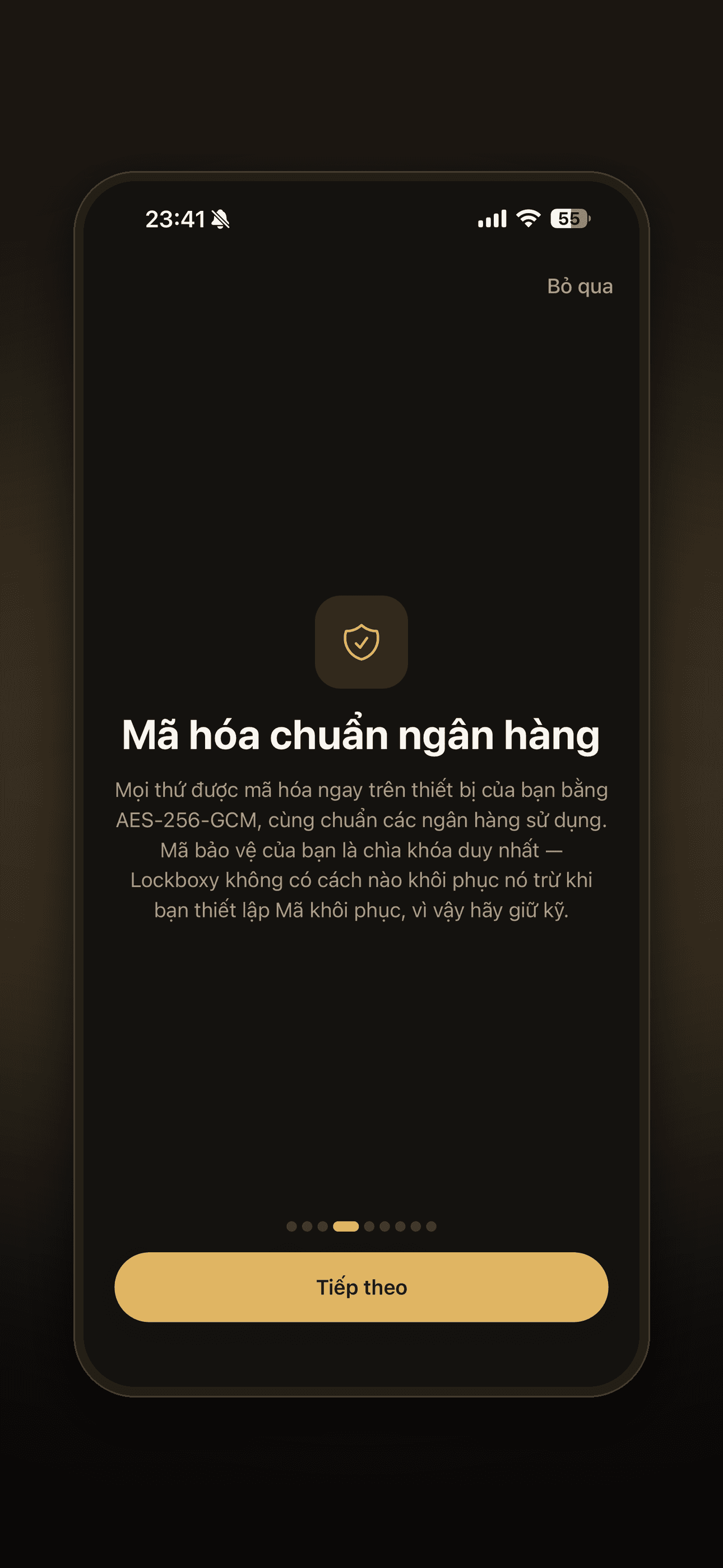 Screen explaining Lockboxy's AES-256-GCM encryption