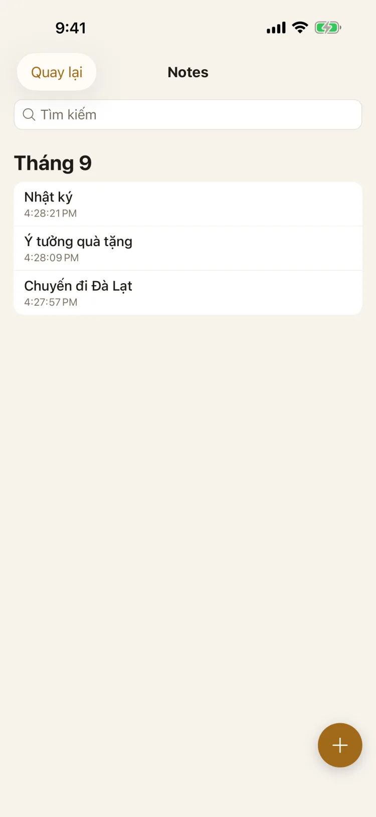 Danh sách ghi chú trong Lockboxy, nhóm theo tháng