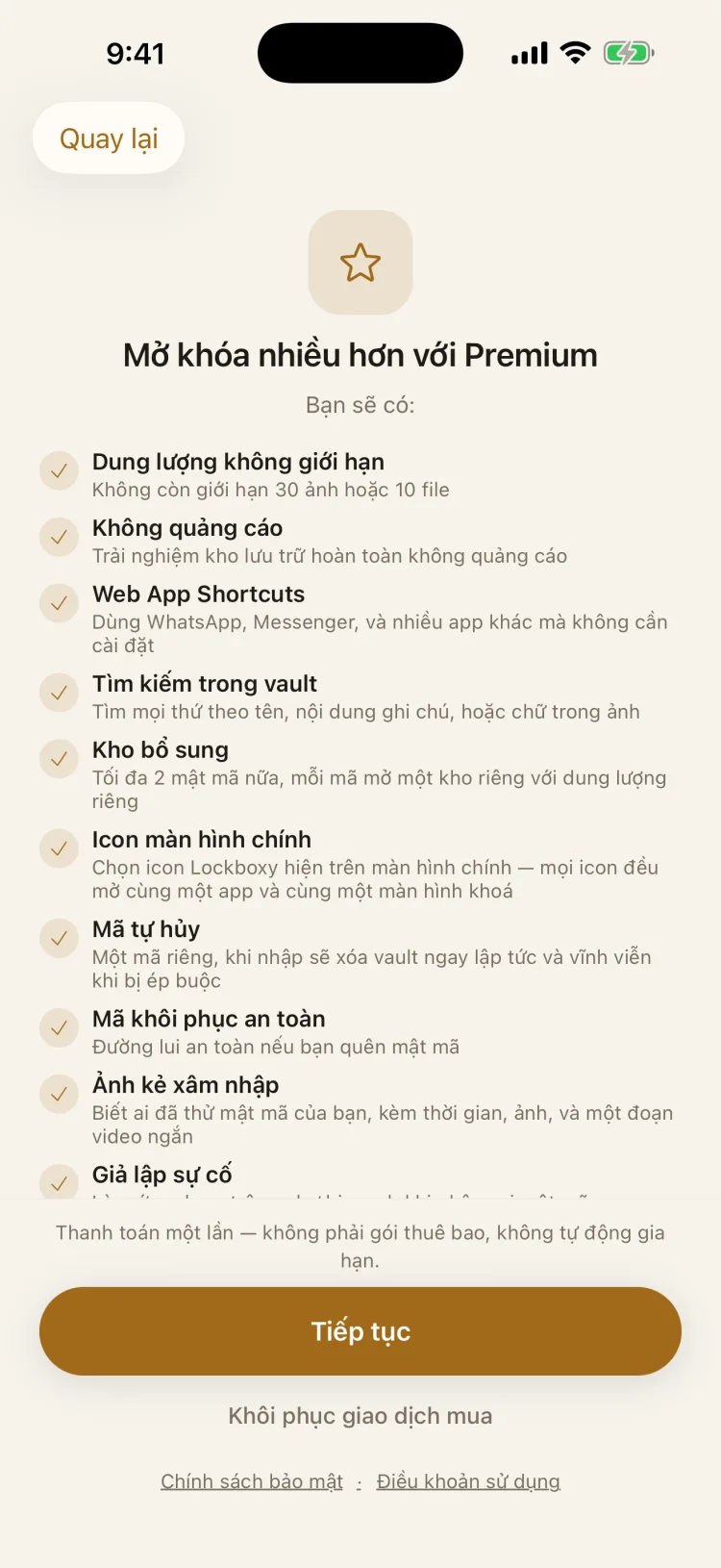 Màn hình Premium của Lockboxy liệt kê các tính năng được mở khoá