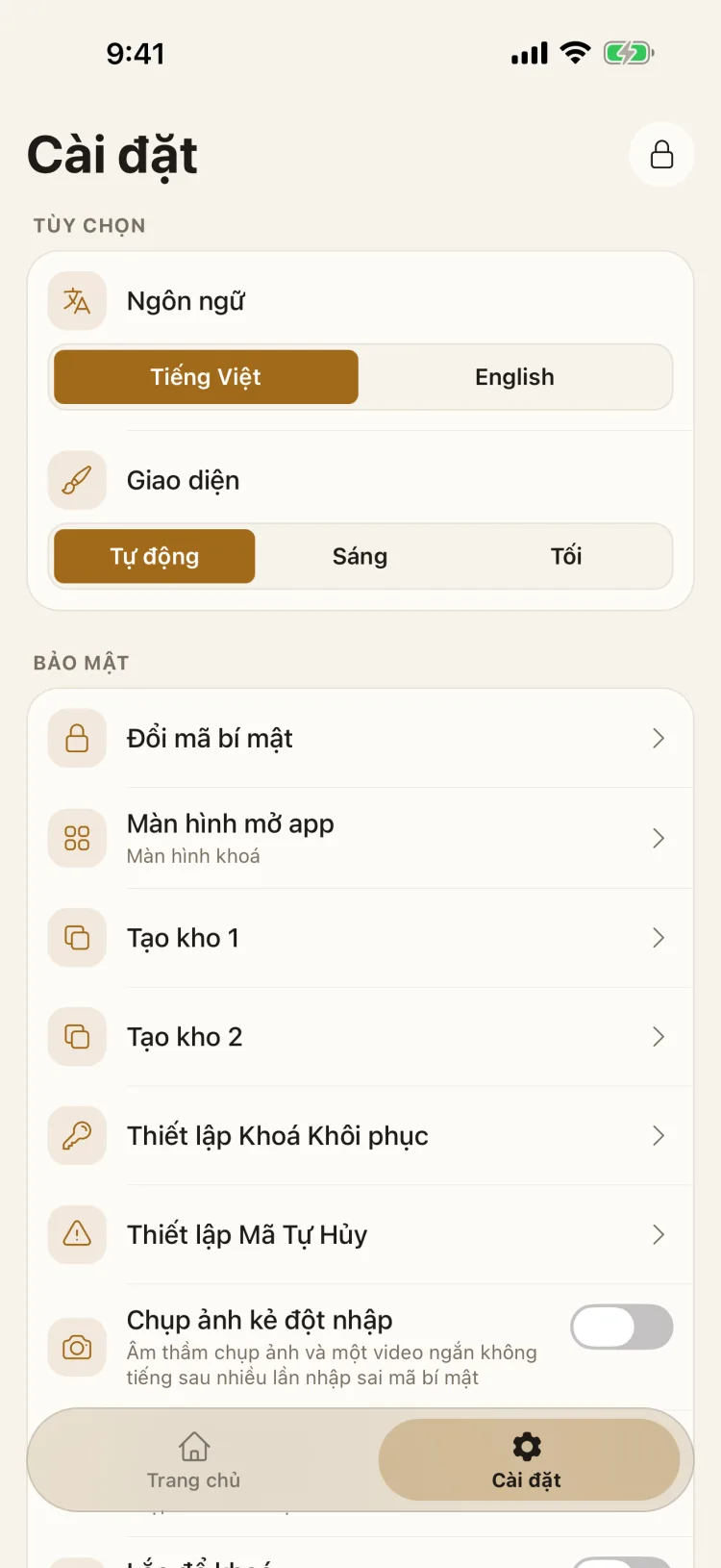 Màn hình Cài đặt của Lockboxy với mục Bảo mật