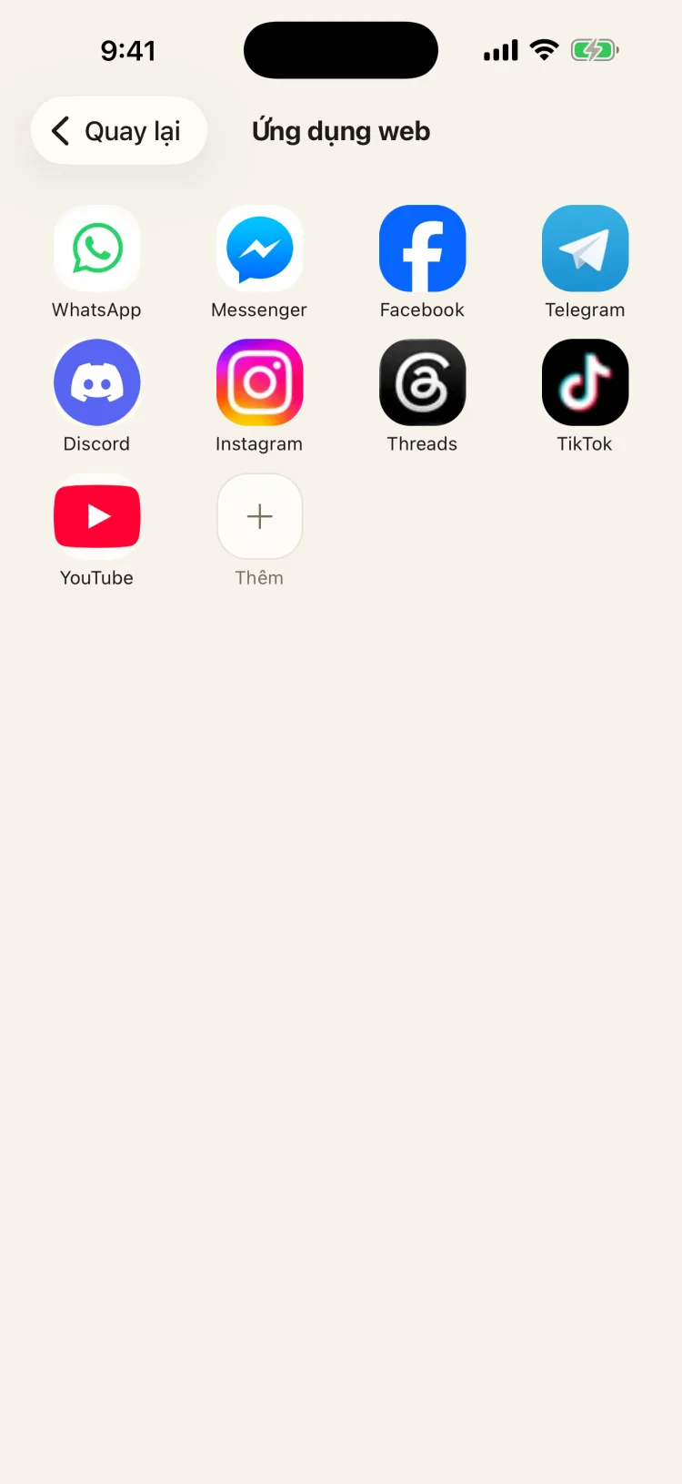 Màn hình Ứng dụng web của Lockboxy với lối tắt WhatsApp, Messenger và Facebook