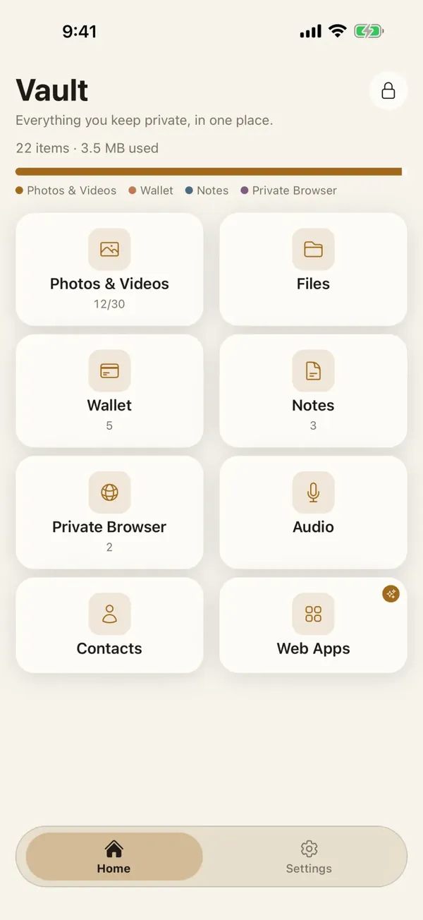 Lockboxy's vault home screen with tiles for Photos & Videos, Files, Wallet, Notes, Private Browser, Audio, Contacts and Web Apps.