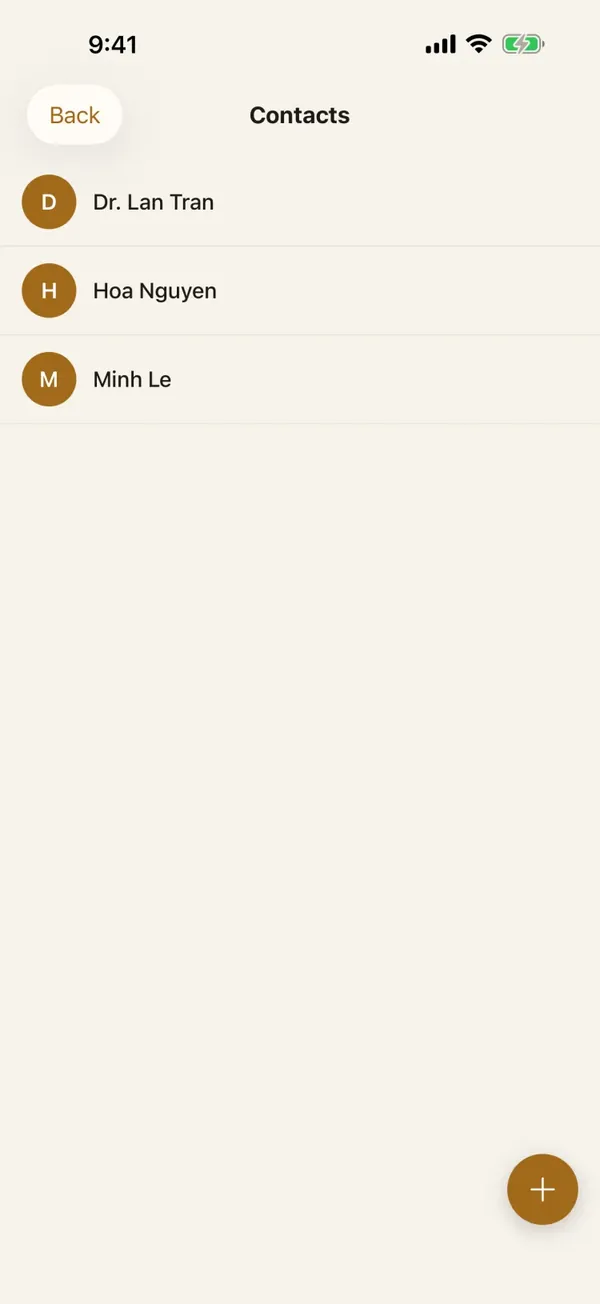 Lockboxy's Contacts screen listing three private contacts by name, with a round add button at the bottom right.