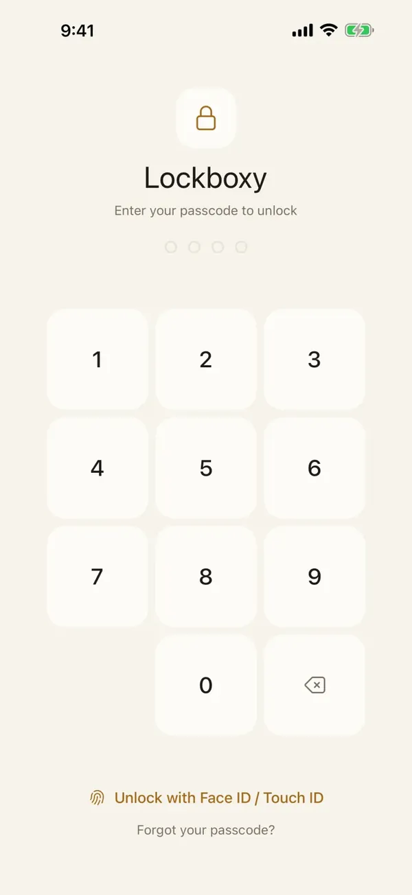 Lockboxy's own passcode screen with a number keypad, “Enter your passcode to unlock” and an Unlock with Face ID / Touch ID button.