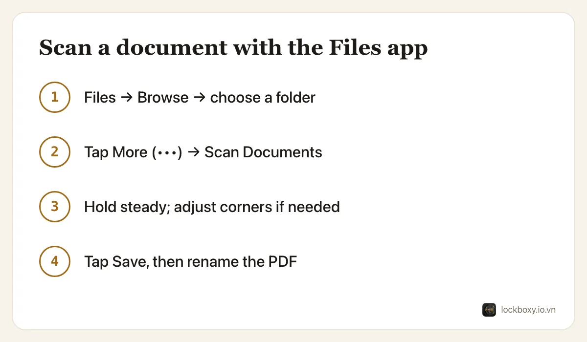 Four-step diagram: open Files and choose a folder, tap More and Scan Documents, hold the phone steady and adjust the corners, then save and rename the PDF.