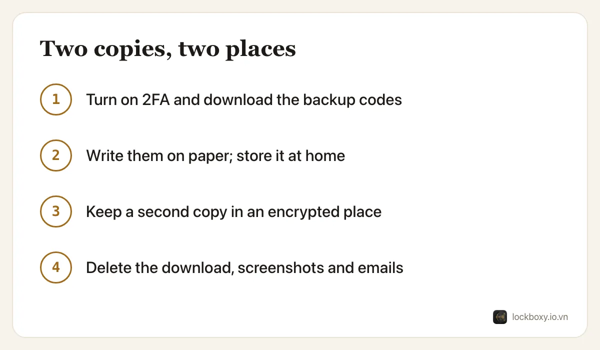 Four-step diagram: turn on two-factor authentication and download the backup codes, write them on paper and store it at home, keep a second copy somewhere encrypted, then delete the downloaded file, screenshots and emails.