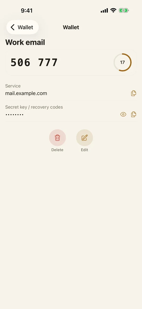 A Lockboxy Wallet entry open on its detail screen: the secret field is masked with dots, with a show (eye) button and a copy button beside it, and Edit and Delete buttons below.