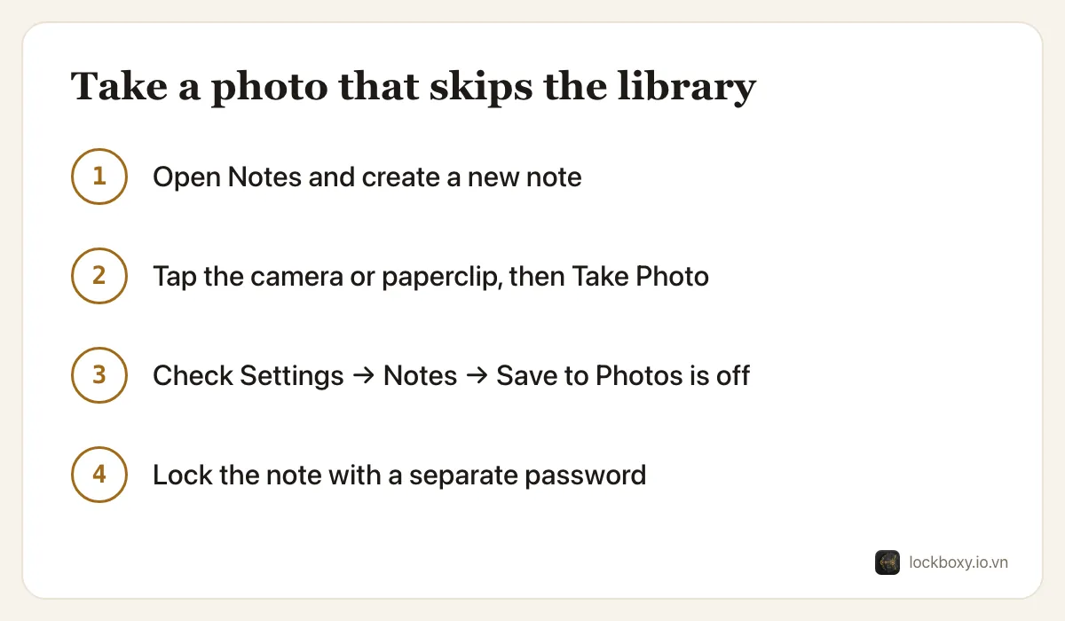 Four-step diagram: open Notes and create a note, tap the camera button and choose Take Photo, check that Save to Photos is off in Notes settings, then lock the note with a separate password.