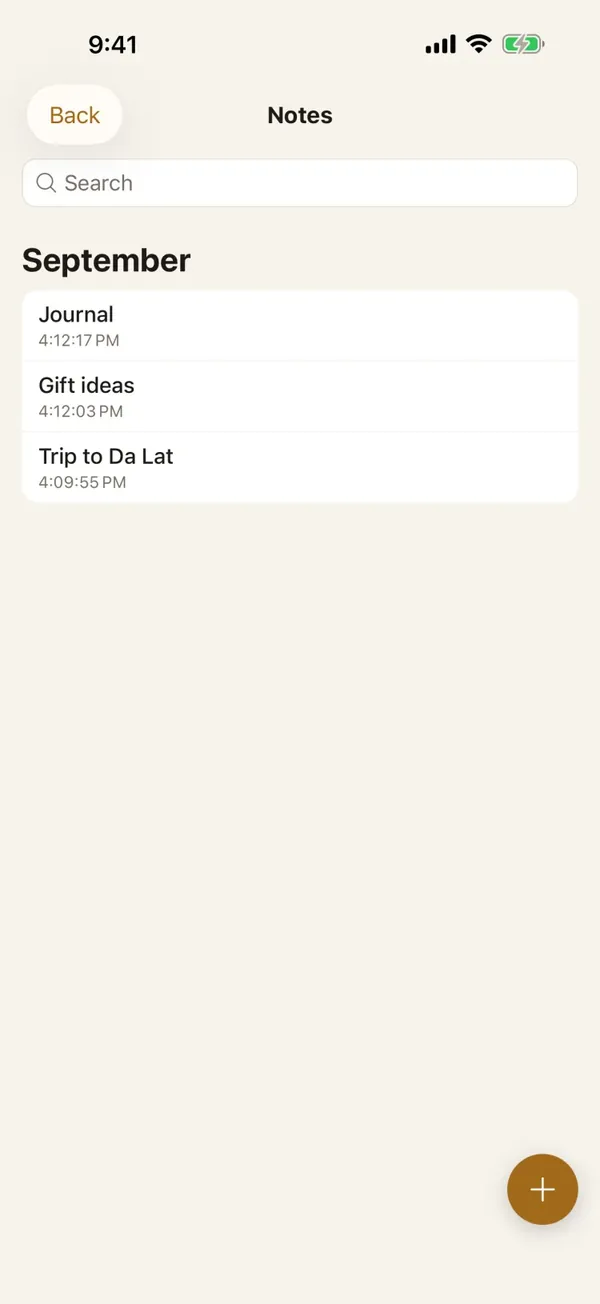 Lockboxy's Notes list grouped by month, with notes titled Journal, Gift ideas and Trip to Da Lat under September